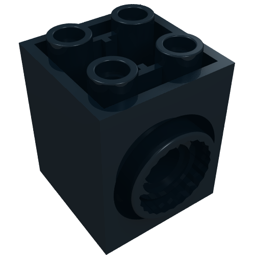 Rendu LDraw de Brique Spécial 2 x 2 x 2 avec prise de joint de rotation et arrière trou pour connecteur (Brick Special 2 x 2 x 2 with Rotation Joint Socket and Rear Pin Hole), couleur indicative