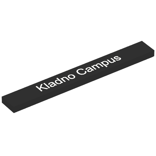 Rendu LDraw de Tuile 1 x 8 avec motif imprimé 'Kladno Campus' (Tile 1 x 8 with 'Kladno Campus' Print), couleur indicative
