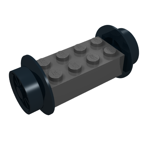 Rendu LDraw de Roues train rayonné petit (23mm d.) et brique noire, modifié 2 x 4 [noir] (Wheels Train Spoked Small (23mm D.) and Black Brick, Modified 2 x 4 [Black]), couleur indicative