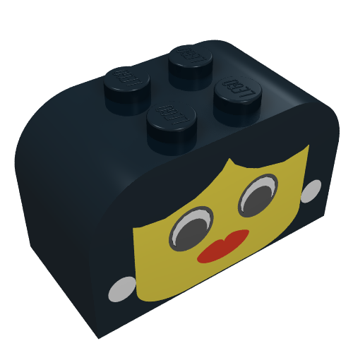Rendu LDraw de Brique courbée 2 x 4 x 2 double avec visage jaune, motif imprimé femme (Brick Curved 2 x 4 x 2 Double with Yellow Face, Woman Print), couleur indicative