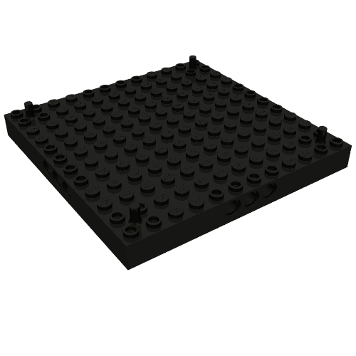 Rendu LDraw de Brique spéciale 12 x 12 avec 3 trous d'connecteur de chaque côté et cheville verticale à chaque coin (Brick Special 12 x 12 with 3 Pin Holes on Each Side and Vertical Peg at Each Corner), couleur indicative