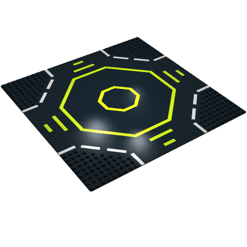 Rendu LDraw de Baseplate 32 x 32 avec 9-tenon Crossroads / Landing Pad avec Green Octagon Print, couleur indicative