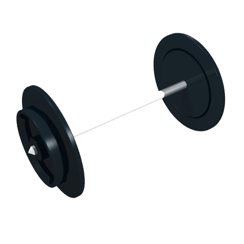 Rendu LDraw de axe Acier 5 x 112 LDU avec extrémités coniques avec deux roues 9V (Axle Steel 5 x 112 LDU with Conical Ends with Two Train Wheels 9V), couleur indicative