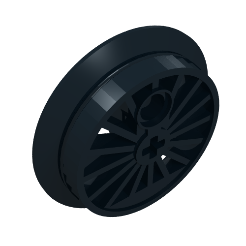 Rendu LDraw de Roue de train rc train, à rayons avec trou d'axe et contrepoids Technic, diamètre 37 mm [conducteur à bride] (Train Wheel RC Train, Spoked with Technic Axle Hole and Counterweight, 37 mm diameter [Flanged Driver]), couleur indicative