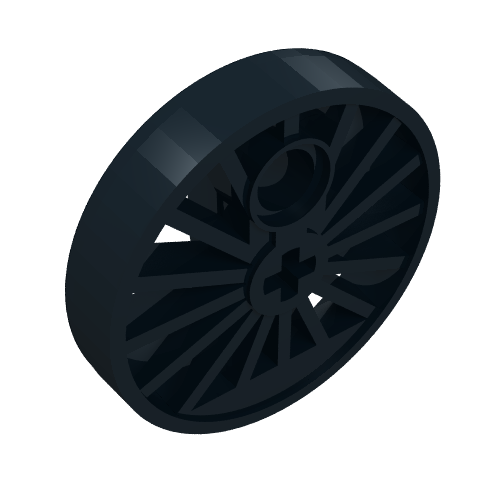 Rendu LDraw de Roue de train rc train, à rayons avec trou d'axe Technic et contrepoids, diamètre 30 mm [conducteur aveugle] (Train Wheel RC Train, Spoked with Technic Axle Hole and Counterweight, 30 mm diameter [Blind Driver]), couleur indicative
