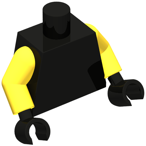 Rendu LDraw de Torse, bras jaunes, mains noires [sans motif] (Torso, Yellow Arms, Black Hands [Plain]), couleur indicative