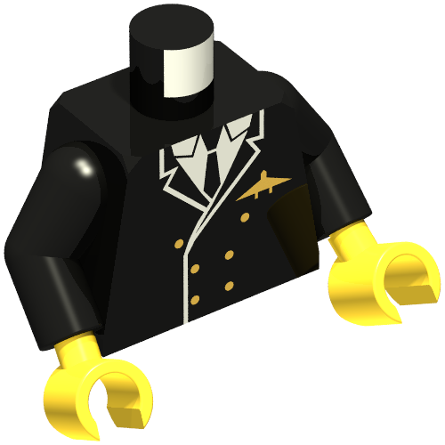 Torse, veste de costume, double poitrine, cravate, boutons or et avion pilote logo connecteur motif imprimé, bras noirs, mains jaunes (Torso, Suit Jacket, Double Breasted, Tie, Gold Buttons and Airplane Pilot Logo Pin Print, Black Arms, Yellow Hands)