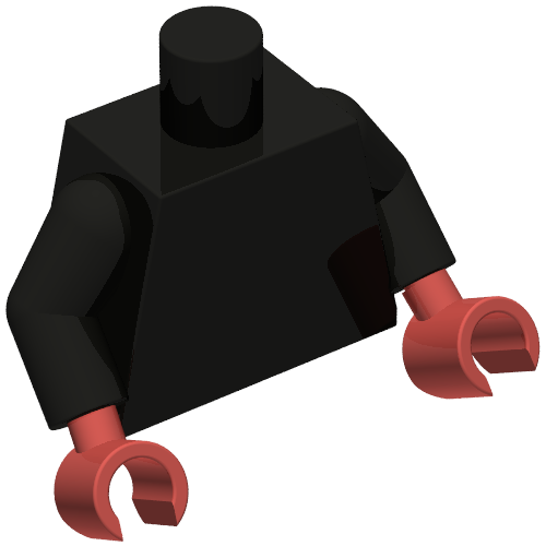 Rendu LDraw de Torse, bras noirs, mains rouges foncées [sans motif] (Torso, Black Arms, Dark Red Hands [Plain]), couleur indicative
