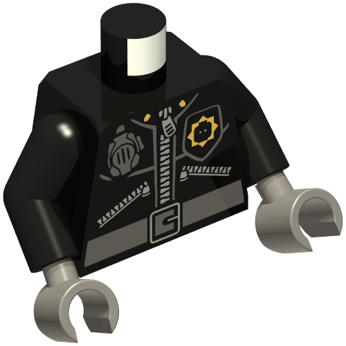 Torse, Veste avec 3 fermetures éclair, tête de minifigurine Insigne de police, Motif imprimé Radio et ceinture, bras noirs, mains gris bleuté foncé (Torso, Jacket with 3 Zippers, Minifig Head Police Badge, Radio and Belt Print, Black Arms, Dark Bluish Gray Hands)