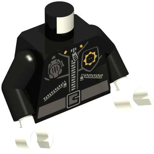 Torse, Veste avec 3 fermetures éclair, tête de minifigurine Insigne de police, Motif imprimé Radio et ceinture, bras noirs, mains blanches (Torso, Jacket with 3 Zippers, Minifig Head Police Badge, Radio and Belt Print, Black Arms, White Hands)