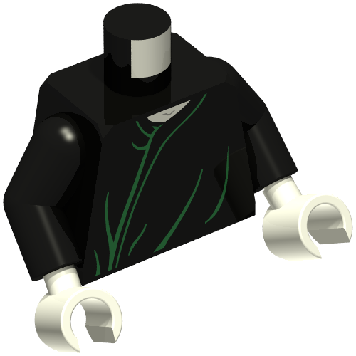 Rendu LDraw de Torse, robe avec couture verte et motif imprimé lignes pliées, bras noirs, mains blanches (Torso, Robe with Green Seam and Fold Lines Print, Black Arms, White Hands), couleur indicative