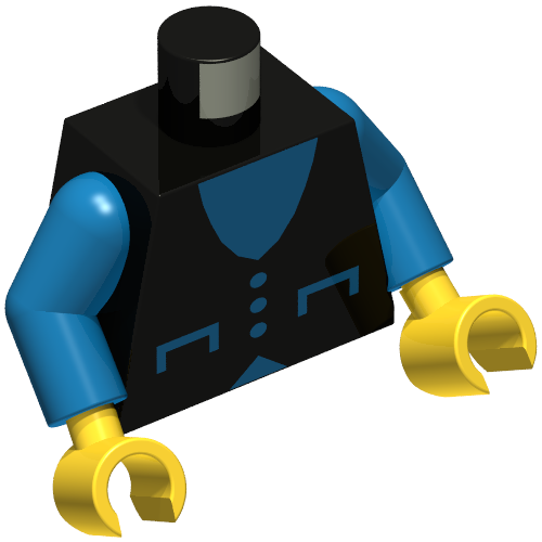 Torse, Gilet, Col V bleu, Poches et boutons imprimés, bras bleus, mains jaunes (Torso, Vest, Blue V-Neck, Pockets and Buttons Print, Blue Arms, Yellow Hands)