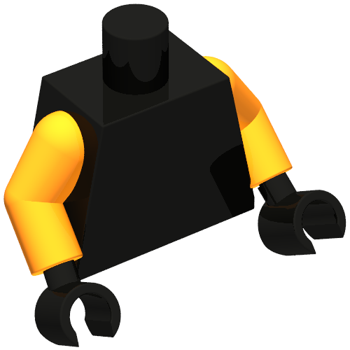 Rendu LDraw de Torse, robes de ninja, garniture argentée, ceinture beige foncé, haut, ceinture orange, sangles motif imprimé, bras orange, mains noires (Torso, Ninja Robes, Silver Trim, Dark Tan Belt, Tope, Orange Sash, Straps Print, Orange Arms, Black Hands), couleur indicative