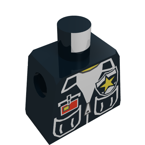 Rendu LDraw de Torse de minifigurine avec gilet, poches plaquées et badge de police (Minifig Torso with Vest, Patch Pockets, and Police Badge Print), couleur indicative
