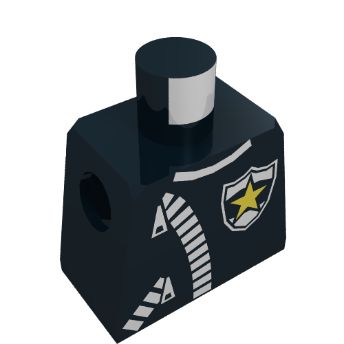Rendu LDraw de Minifigurine torse avec fermeture éclair veste et police logo motif imprimé (Minifig Torso with Zipper Jacket and Police Logo Print), couleur indicative