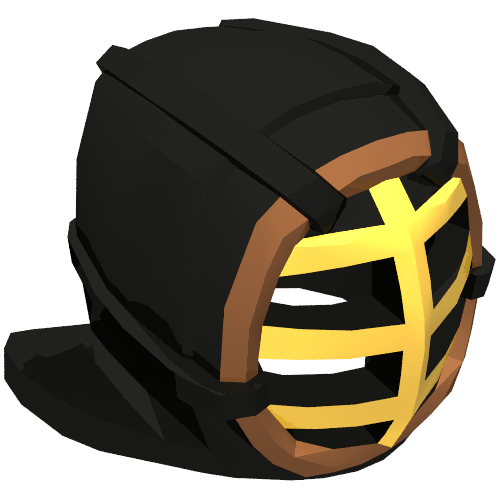 Rendu LDraw de Masque, Kendo, calandre dorée, garniture brun rougeâtre (Mask, Kendo, Gold Grille, Reddish Brown Trim), couleur indicative