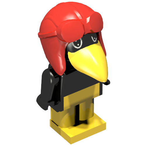 Rendu LDraw de Figurine Fabuland corbeau 1 avec casque d'aviateur et yeux noirs (Fabuland Figure Crow 1 with Aviator Helmet and Black Eyes), couleur indicative
