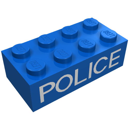 Rendu LDraw de Brique 2 x 4 avec motif imprimé blanc 'POLICE' (Brick 2 x 4 with White 'POLICE' Thin Print), couleur indicative