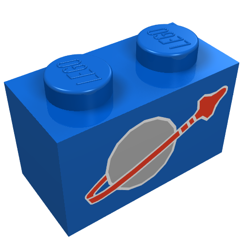 Rendu LDraw de Brique 1 x 2 avec le logo de l'espace classique imprimé (Brick 1 x 2 with Classic Space Logo Print), couleur indicative