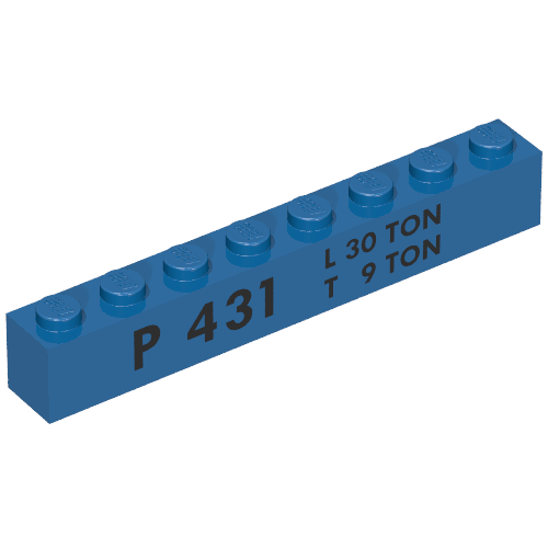 Rendu LDraw de Brique 1 x 8 avec motif imprimé 'P 431 L 30 TON T 9 TON' (Brick 1 x 8 with 'P 431 L 30 TON T 9 TON' Print), couleur indicative