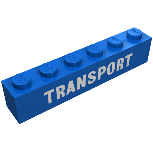 Rendu LDraw de Brique 1 x 6 avec 'TRANSPORT' Motif imprimé blanc (Brick 1 x 6 with 'TRANSPORT' White Print), couleur indicative