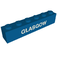 Rendu LDraw de Brique 1 x 6 avec motif imprimé blanc 'GLASGOW' (Brick 1 x 6 with White 'GLASGOW' Print), couleur indicative