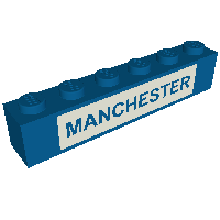 Rendu LDraw de Brique 1 x 6 avec motif imprimé bleu sur blanc 'MANCHESTER' (Brick 1 x 6 with Blue on White 'MANCHESTER' Print), couleur indicative