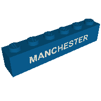 Rendu LDraw de Brique 1 x 6 avec motif imprimé blanc 'MANCHESTER' (Brick 1 x 6 with White 'MANCHESTER' Print), couleur indicative
