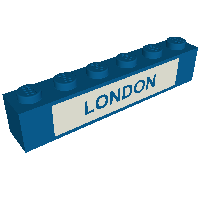 Rendu LDraw de Brique 1 x 6 avec motif imprimé bleu sur blanc 'LONDON' (Brick 1 x 6 with Blue on White 'LONDON' Print), couleur indicative
