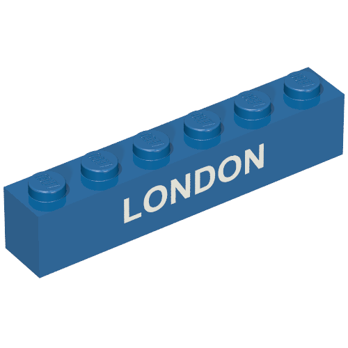 Rendu LDraw de Brique 1 x 6 avec motif imprimé blanc 'LONDON' (Brick 1 x 6 with White 'LONDON' Print), couleur indicative