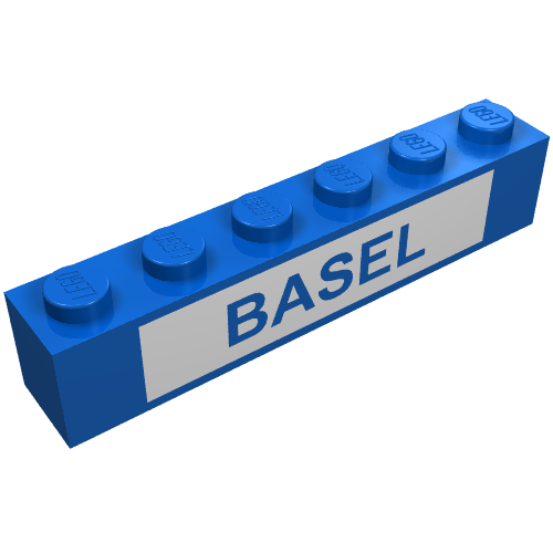 Rendu LDraw de Brique 1 x 6 avec 'BASEL' sur fond blanc imprimé (Brick 1 x 6 with 'BASEL' on White Background Print), couleur indicative