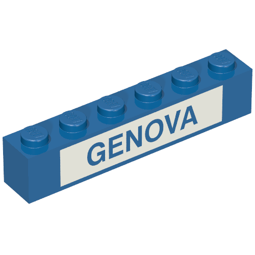 Rendu LDraw de Brique 1 x 6 avec motif imprimé bleu en blanc 'GENOVA' (coffret 113) (Brick 1 x 6 with Blue in White 'GENOVA' Print (Set 113)), couleur indicative