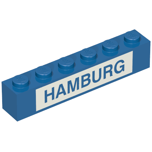 Rendu LDraw de Brique 1 x 6 avec motif imprimé bleu en blanc 'HAMBURG' (coffret 113) (Brick 1 x 6 with Blue in White 'HAMBURG' Print (Set 113)), couleur indicative