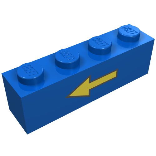 Rendu LDraw de Brique 1 x 4 avec flèche gauche jaune et motif imprimé bordure noire (Brick 1 x 4 with Yellow Left Arrow and Black Border Print), couleur indicative