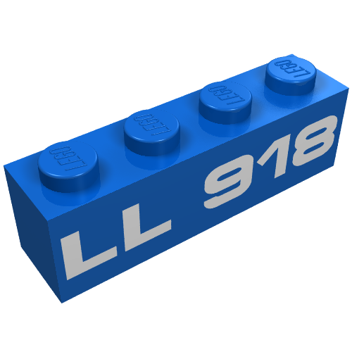 Rendu LDraw de Brique 1 x 4 avec motif imprimé blanc 'LL918' (Brick 1 x 4 with White 'LL918' Print), couleur indicative