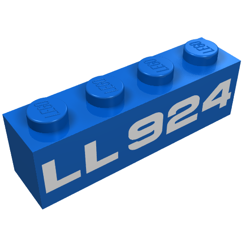 Rendu LDraw de Brique 1 x 4 avec motif imprimé blanc 'LL924' (Brick 1 x 4 with White 'LL924' Print), couleur indicative