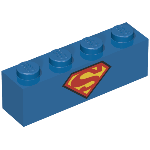 Rendu LDraw de Brique 1 x 4 avec motif imprimé Superman 'S' rouge et jaune (Brick 1 x 4 with Red and Yellow Superman 'S' Logo Print), couleur indicative