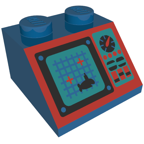 Rendu LDraw de Brique inclinée 45° 2 x 2 avec grille, requin, et commandes sur panneau rouge motif imprimé (Aquazone) (Brick Sloped 45° 2 x 2 with Grid Screen, Shark, and Controls on Red Panel Print (Aquazone)), couleur indicative