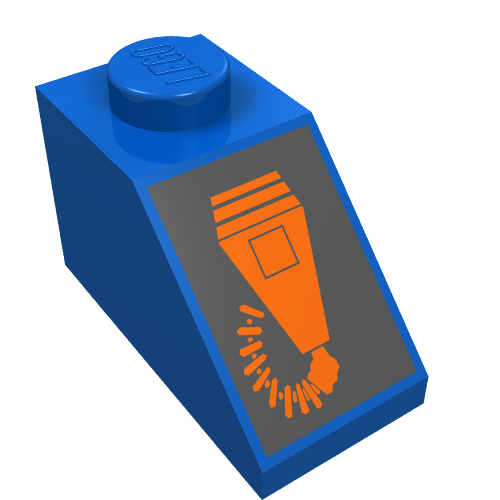 Rendu LDraw de Brique inclinée 45° 2 x 1 avec connecteur inférieure, avec motif imprimé micro orange (Brick Sloped 45° 2 x 1 with Bottom pin, with Orange Microphone Print), couleur indicative