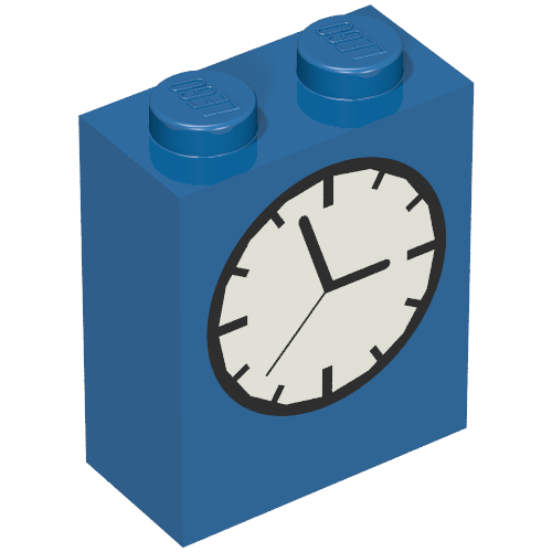 Rendu LDraw de Brique 1 x 2 x 2 avec cadran imprimé (Brick 1 x 2 x 2 with Clock Face Print), couleur indicative