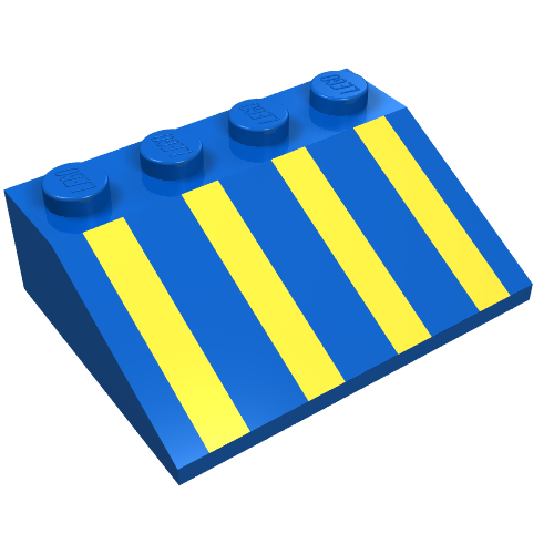 Rendu LDraw de Brique inclinée 33° 3 x 4 avec motif imprimé de rayures jaunes (Brick Sloped 33° 3 x 4 with Yellow Stripes Print), couleur indicative