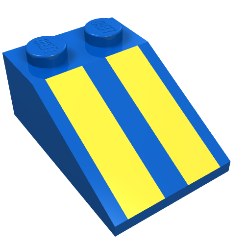 Rendu LDraw de Brique inclinée 33° 3 x 2 avec motif imprimé rayures jaunes (Brick Sloped 33° 3 x 2 with Yellow Stripes Print), couleur indicative