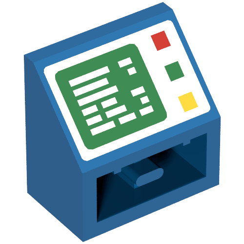 Rendu LDraw de Brique inclinée inversée 45° 2 x 2 avec écran d'ordinateur et côté droit Boutons imprimés (Brick Sloped Inverted 45° 2 x 2 with Computer Screen and Right Side Buttons Print), couleur indicative