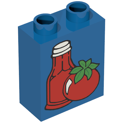 Rendu LDraw de Duplo Brique 1 x 2 x 2 avec Ketchup Bottle and Tomato Print, couleur indicative