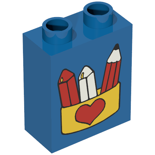 Rendu LDraw de Duplo Brique 1 x 2 x 2 avec Pencil and Crayons in Box avec Red Heart Print, couleur indicative
