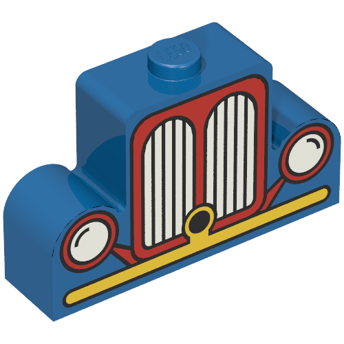 Rendu LDraw de 1 x 4 x 2 tenon central avec motif imprimé de grille de voiture jaune et rouge (Brick Curved 1 x 4 x 2 Centre Stud Top with Yellow and Red Car Grill Print), couleur indicative