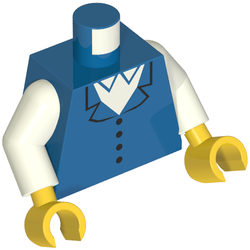 Rendu LDraw de Torse, Gilet avec 4 boutons, col chemise blanc motif imprimé, bras blancs, mains jaunes (Torso, Vest with 4 Buttons, White Shirt Collar Print, White Arms, Yellow Hands), couleur indicative