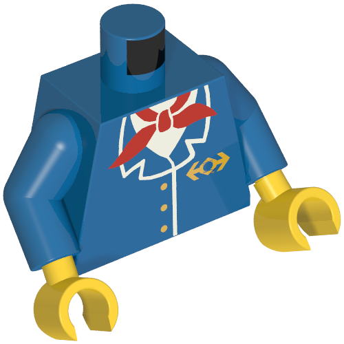 Rendu LDraw de Torse, Veste avec logo Train et motif imprimé écharpe rouge, bras bleus, mains jaunes (Torso, Jacket with Train Logo and Red Scarf Print, Blue Arms, Yellow Hands), couleur indicative