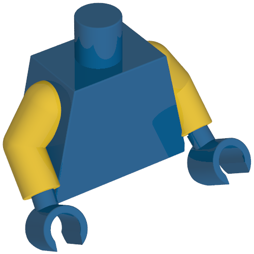 Rendu LDraw de Torse, bras jaunes, mains bleues [sans motif] (Torso, Yellow Arms, Blue Hands [Plain]), couleur indicative