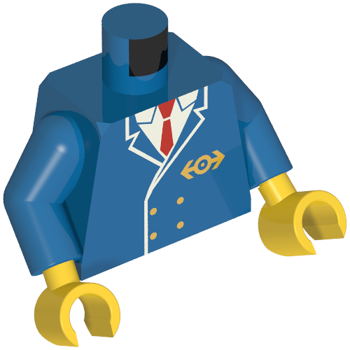 Rendu LDraw de Torse, veste, cravate rouge, or Boutons et Train Logo motif imprimé, bras bleus, mains jaunes (Torso, Jacket, Red Tie, Gold Buttons and Train Logo Print, Blue Arms, Yellow Hands), couleur indicative
